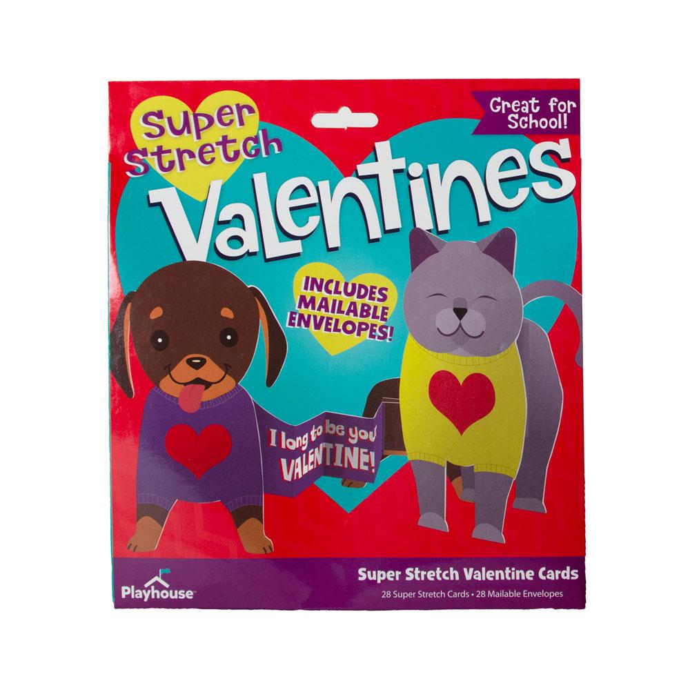VPL-7015E - Valentine Cards Set - Super Stretch Pets - Package of Super Stretch Valentine cards featuring a brown dog and gray cat with hearts, marked "Great for School" with 28 cards and envelopes included