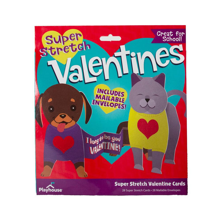 VPL-7015E - Valentine Cards Set - Super Stretch Pets - Package of Super Stretch Valentine cards featuring a brown dog and gray cat with hearts, marked "Great for School" with 28 cards and envelopes included