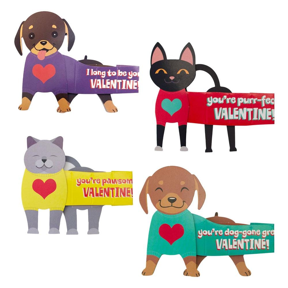 VPL-7015E - Valentine Cards Set - Super Stretch Pets - Four pet-themed Valentine cards featuring a dachshund, black cat, gray cat, and brown dog, each wearing colorful sweaters with heart designs and punny messages