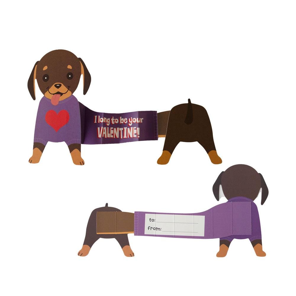 VPL-7015E - Valentine Cards Set - Super Stretch Pets - Two brown dachshunds in purple sweaters with heart and Valentine message designs on stretchy bands