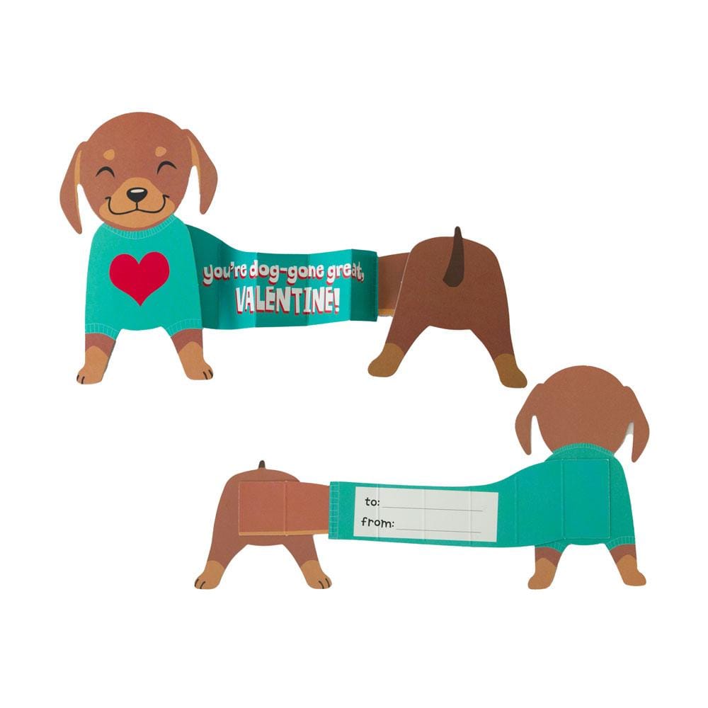 VPL-7015E - Valentine Cards Set - Super Stretch Pets - Two brown dachshund dogs wearing teal sweaters with Valentine messages and fill-in-the-blank gift tags