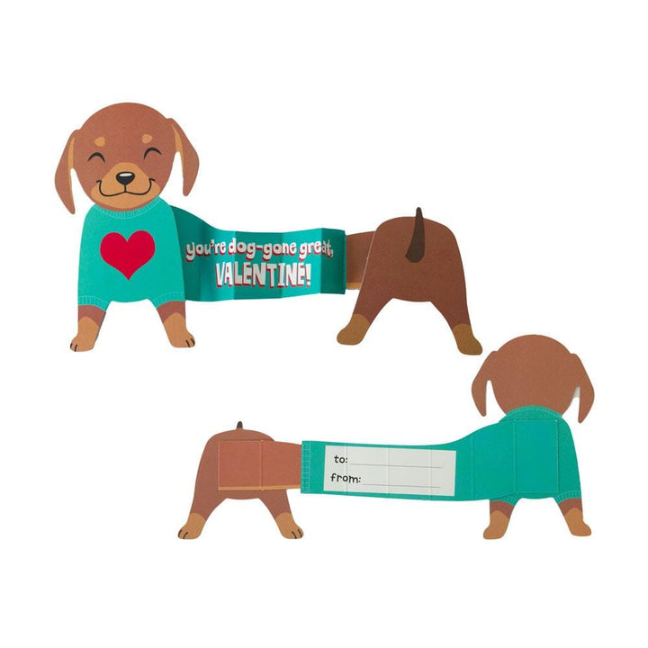 VPL-7015E - Valentine Cards Set - Super Stretch Pets - Two brown dachshund dogs wearing teal sweaters with Valentine messages and fill-in-the-blank gift tags