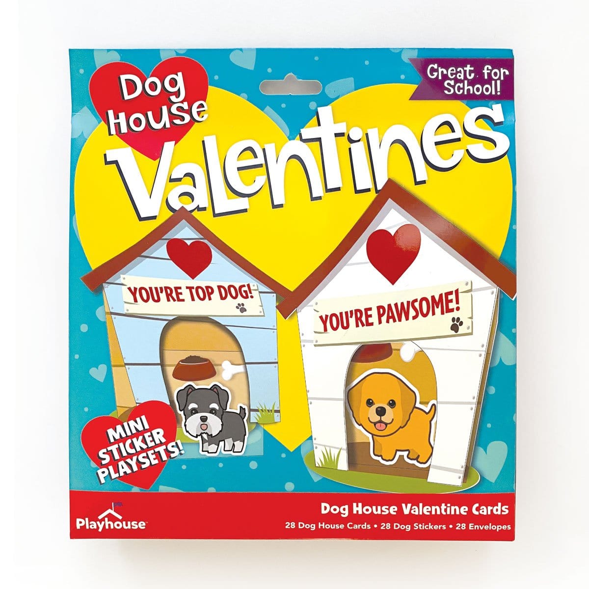 VPL-7019E - Valentine Cards Set - Dog House - Dog House Valentines packaging featuring two colorful dog houses with hearts, puppy illustrations, and messages like "You're Top Dog" and "You're Pawsome."