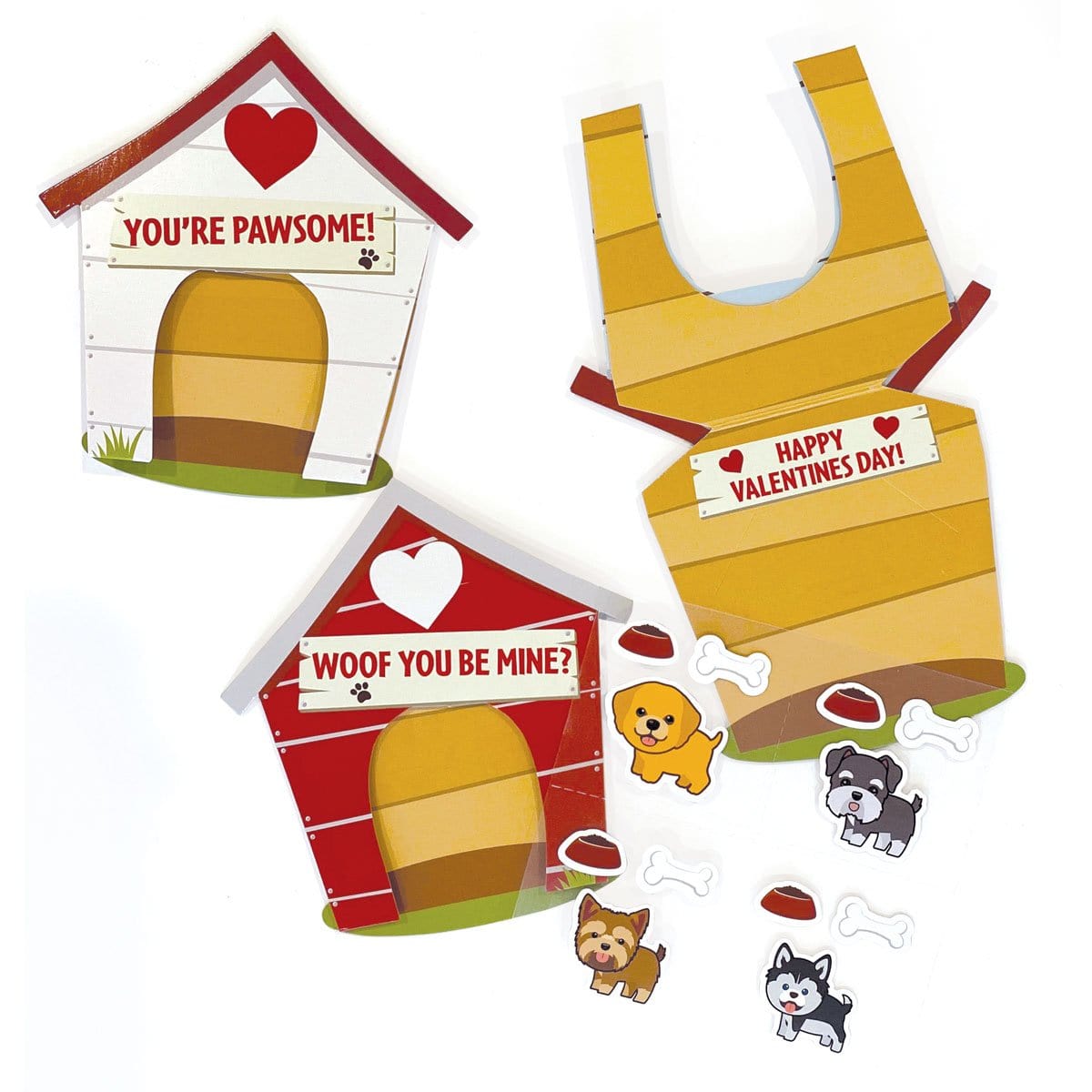 VPL-7019E - Valentine Cards Set - Dog House - Three colorful dog house Valentine cards with red and yellow designs, hearts, paw prints, and loose dog stickers included