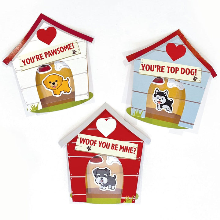 VPL-7019E - Valentine Cards Set - Dog House - Three dog house-shaped Valentine cards with red roofs, each featuring cute illustrated dogs and romantic messages like "You&