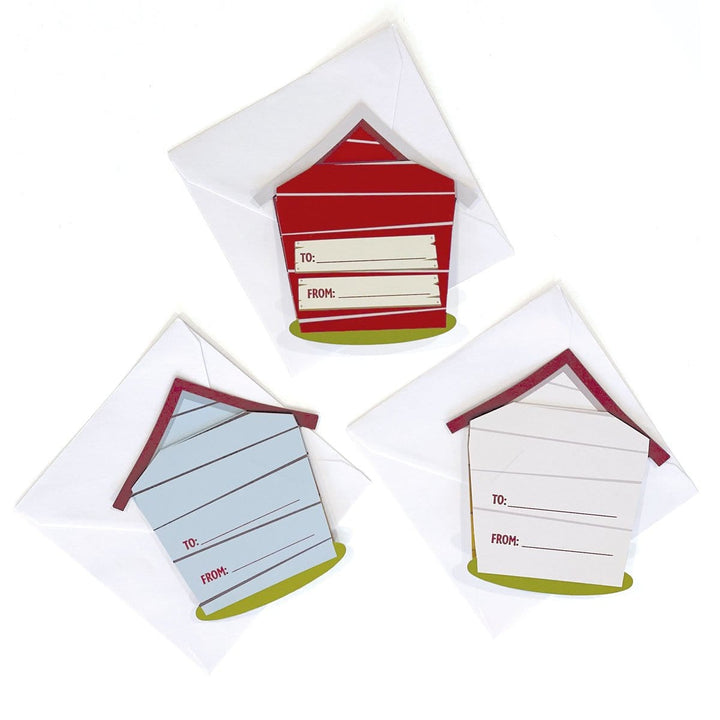 VPL-7019E - Valentine Cards Set - Dog House - Three house-shaped gift tags with pitched roofs in red, blue, and white, each featuring "TO:" and "FROM:" fields on white envelopes