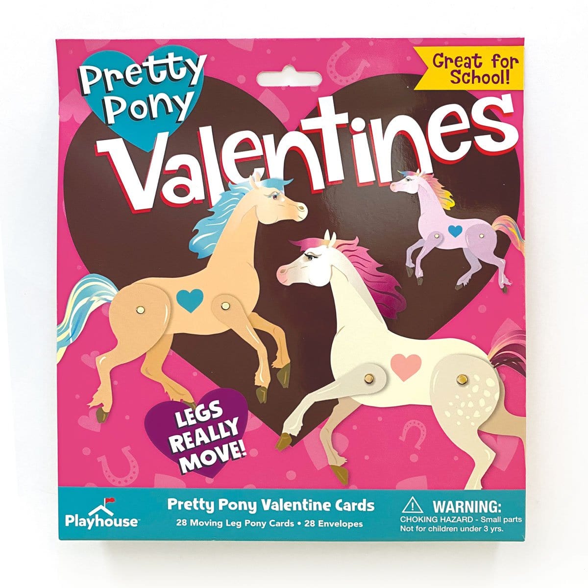 VPL-7021E - Valentine Cards Set - Pretty Pony - Pretty Pony Valentine Cards packaging featuring three colorful animated ponies with moving legs on a pink and brown background