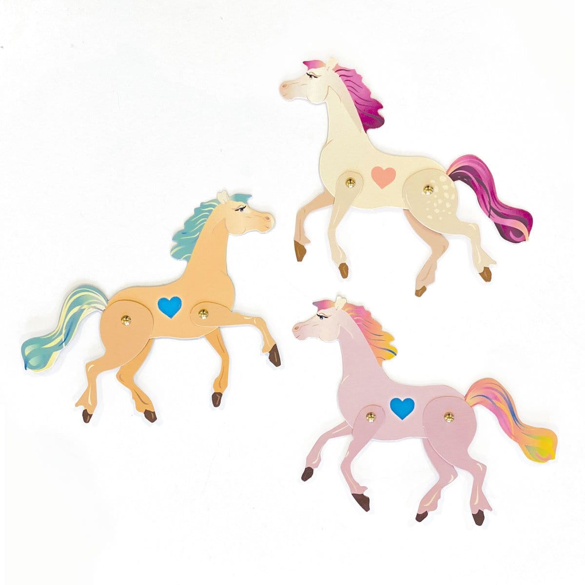 VPL-7021E - Valentine Cards Set - Pretty Pony - Four colorful decorative horses with heart emblems and flowing manes in cream, yellow, pink, and white