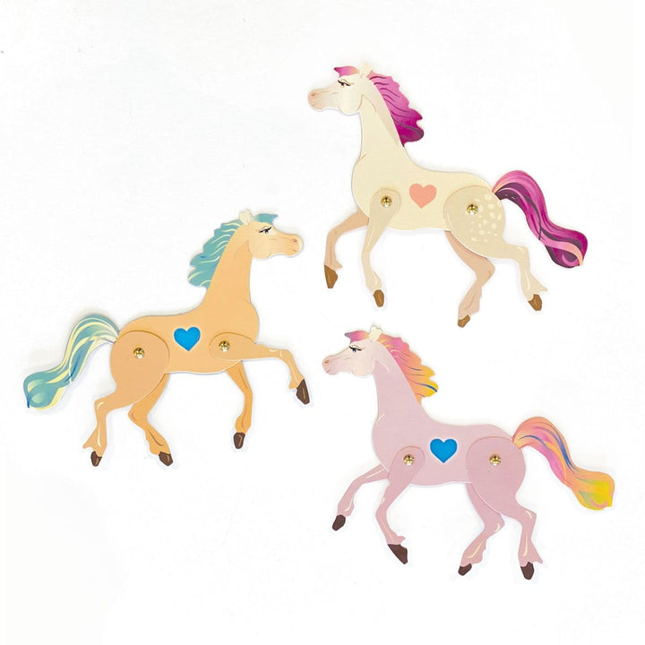 VPL-7021E - Valentine Cards Set - Pretty Pony - Four colorful decorative horses with heart emblems and flowing manes in cream, yellow, pink, and white