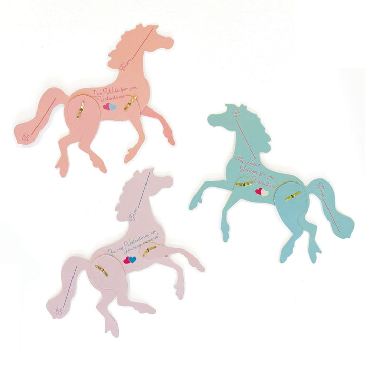 VPL-7021E - Valentine Cards Set - Pretty Pony - Three horse-shaped Valentine cards in pink and turquoise with hearts, arrows, and romantic messages