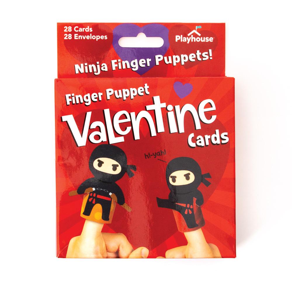 VPS-7007E - Valentine Cards Set - Ninja Finger Puppet - Red packaging box for finger puppet valentine cards featuring two black ninja characters with "hi-yah!" text and purple heart logo
