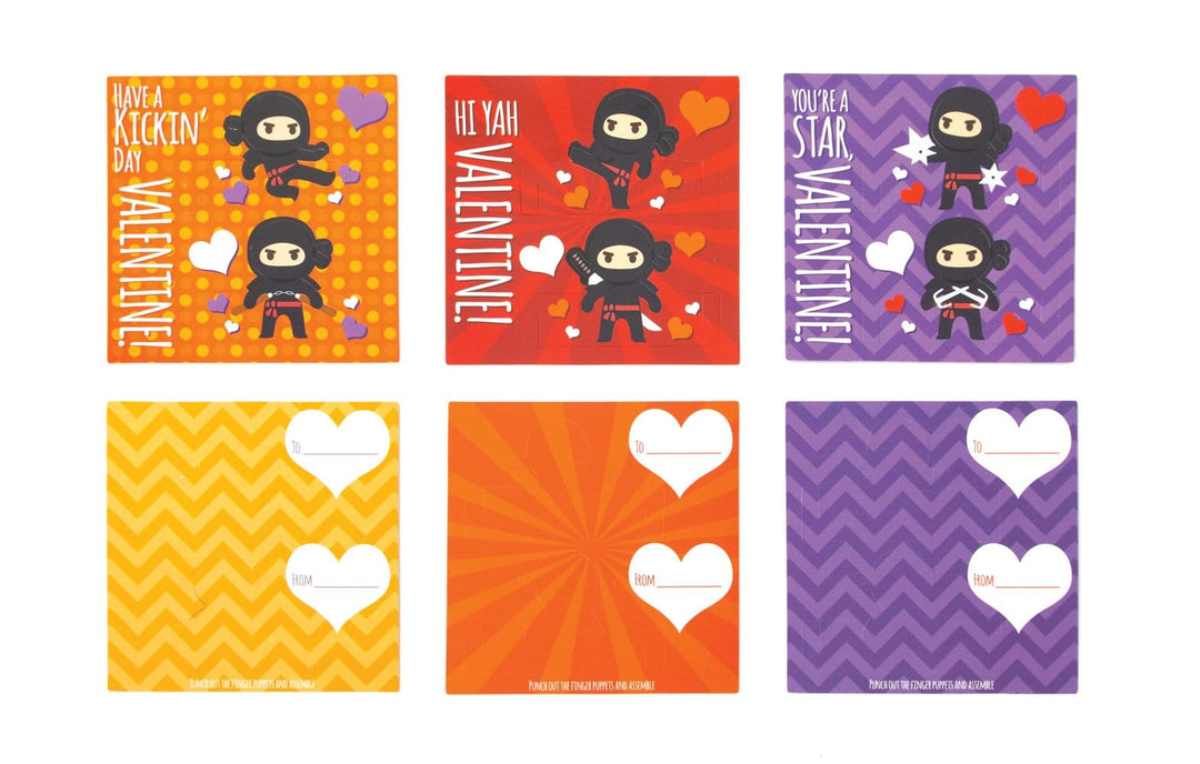 VPS-7007E - Valentine Cards Set - Ninja Finger Puppet - Six colorful valentine cards in yellow, orange, and purple featuring cute ninja characters and hearts with punch-out finger puppets