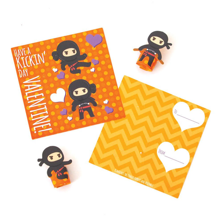 VPS-7007E - Valentine Cards Set - Ninja Finger Puppet - Orange and yellow Valentine cards featuring cute ninja characters with finger puppets and heart designs