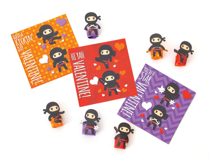 VPS-7007E - Valentine Cards Set - Ninja Finger Puppet - Three colorful greeting cards with cute ninja characters and matching finger puppet toys in orange, red, and purple