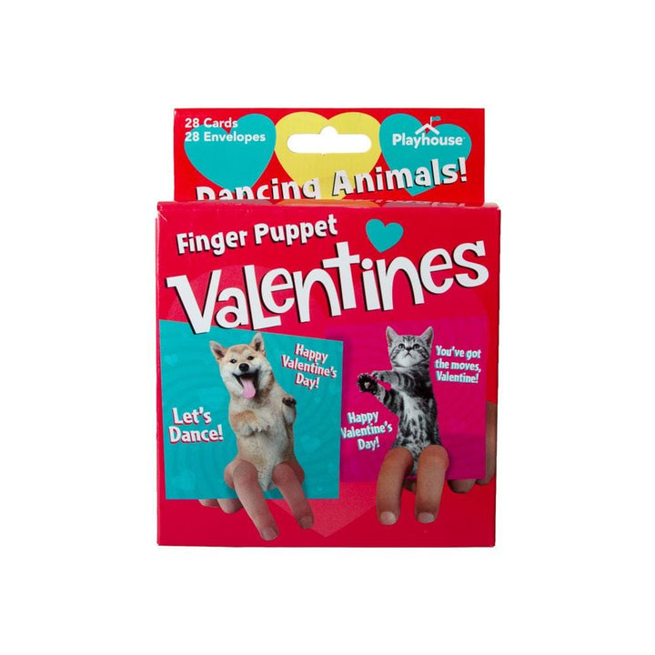 VPS-7008E - Valentine Cards Set - Dancing Animals Finger Puppets - Red box of finger puppet valentines featuring a dancing dog and cat with Valentine&