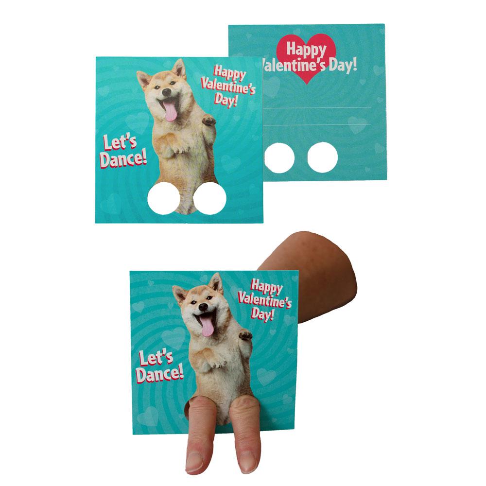 VPS-7008E - Valentine Cards Set - Dancing Animals Finger Puppets - Turquoise Valentine cards featuring a dancing dog with white finger holes and "Happy Valentine's Day!" text, shown flat and with fingers inserted