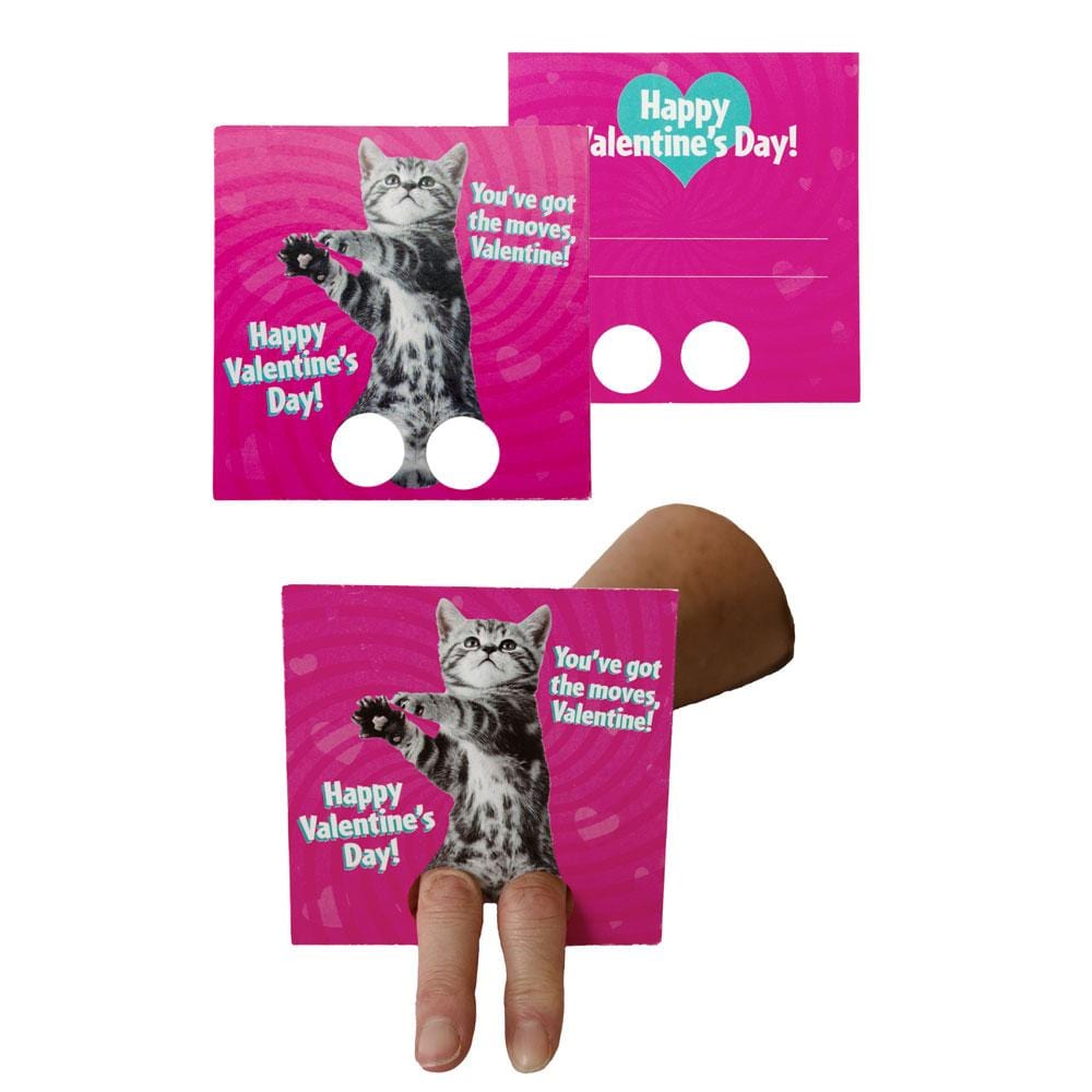 VPS-7008E - Valentine Cards Set - Dancing Animals Finger Puppets - Three bright pink Valentine cards featuring a tabby cat with text "Happy Valentine&