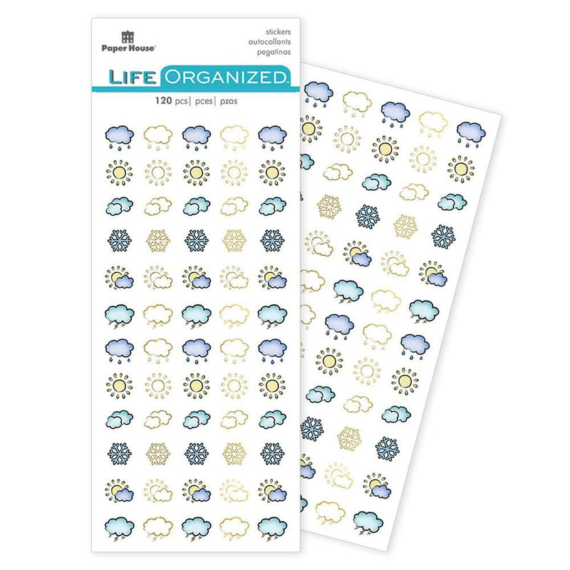 planner stickers featuring illustrated clouds, suns and snowflakes, shown in package overlapping another sheet on white background.