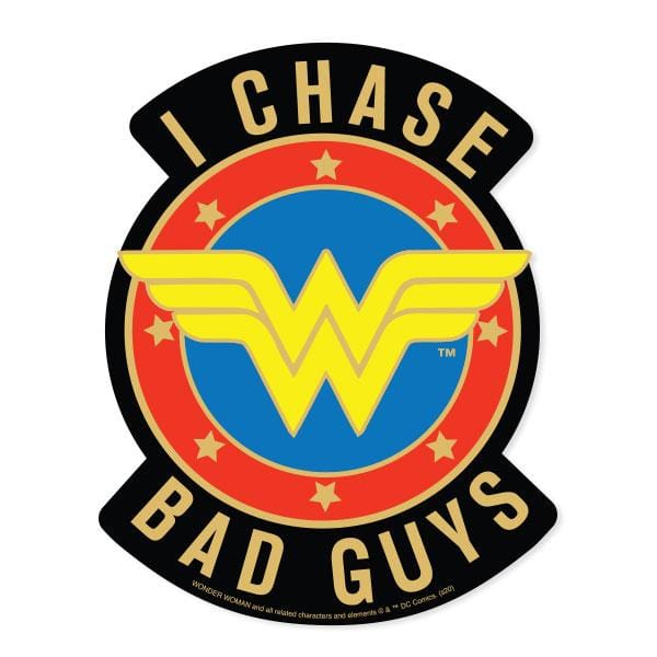 Shaped laptop sticker featuring the Wonder Woman logo and "I CHASE BAD GUYS" text in gold with red, blue and yellow details.